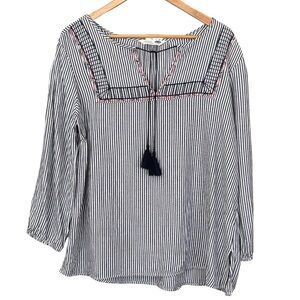 Old Navy Striped Embroidered Boho Tunic Blouse with Tassels - Size Large